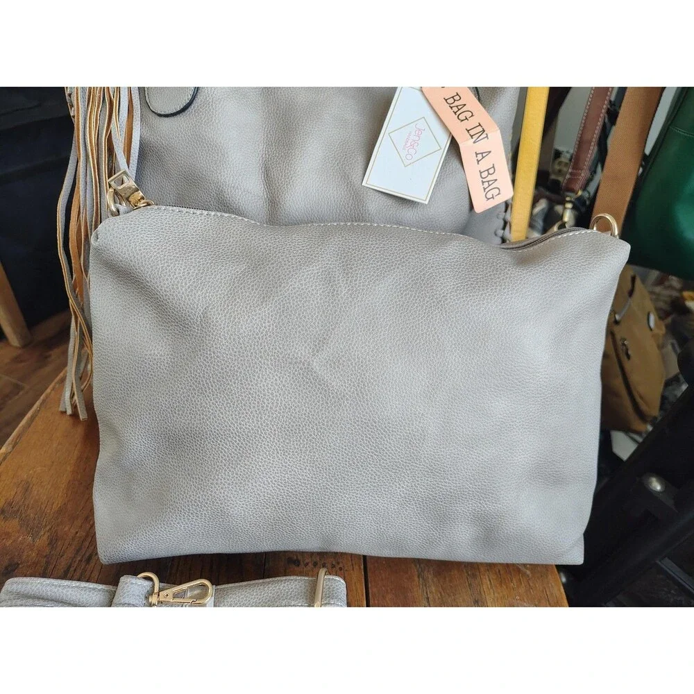 Jen Co Tote Large Gray Bag In A Bag Tassel Pouch Purse Vegan Faux Leather Beige - Picture 6 of 16